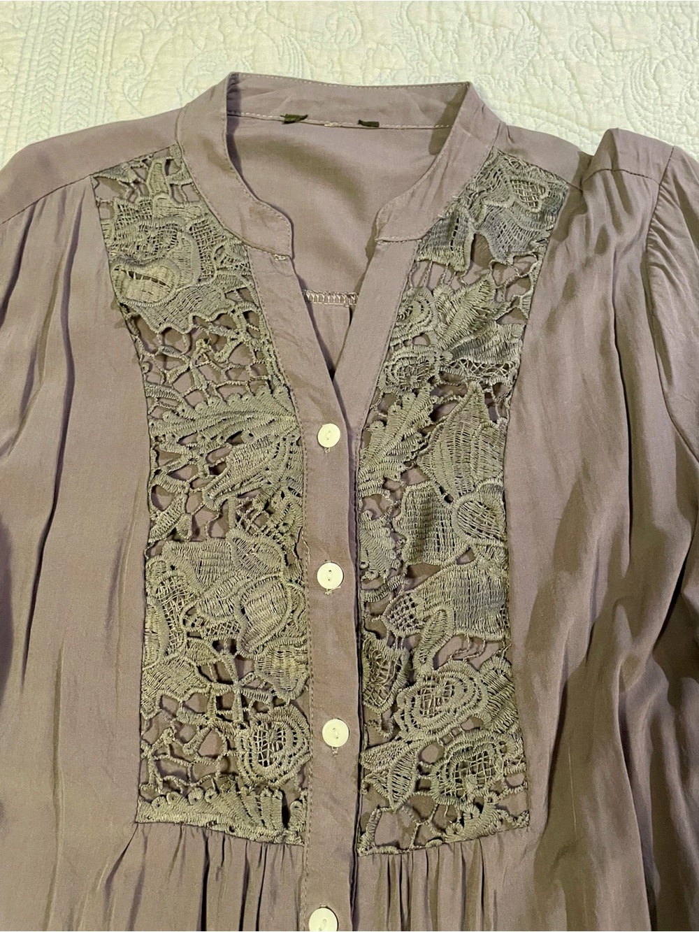 Khaki Green Lace-Panel Button Front Women’s Top